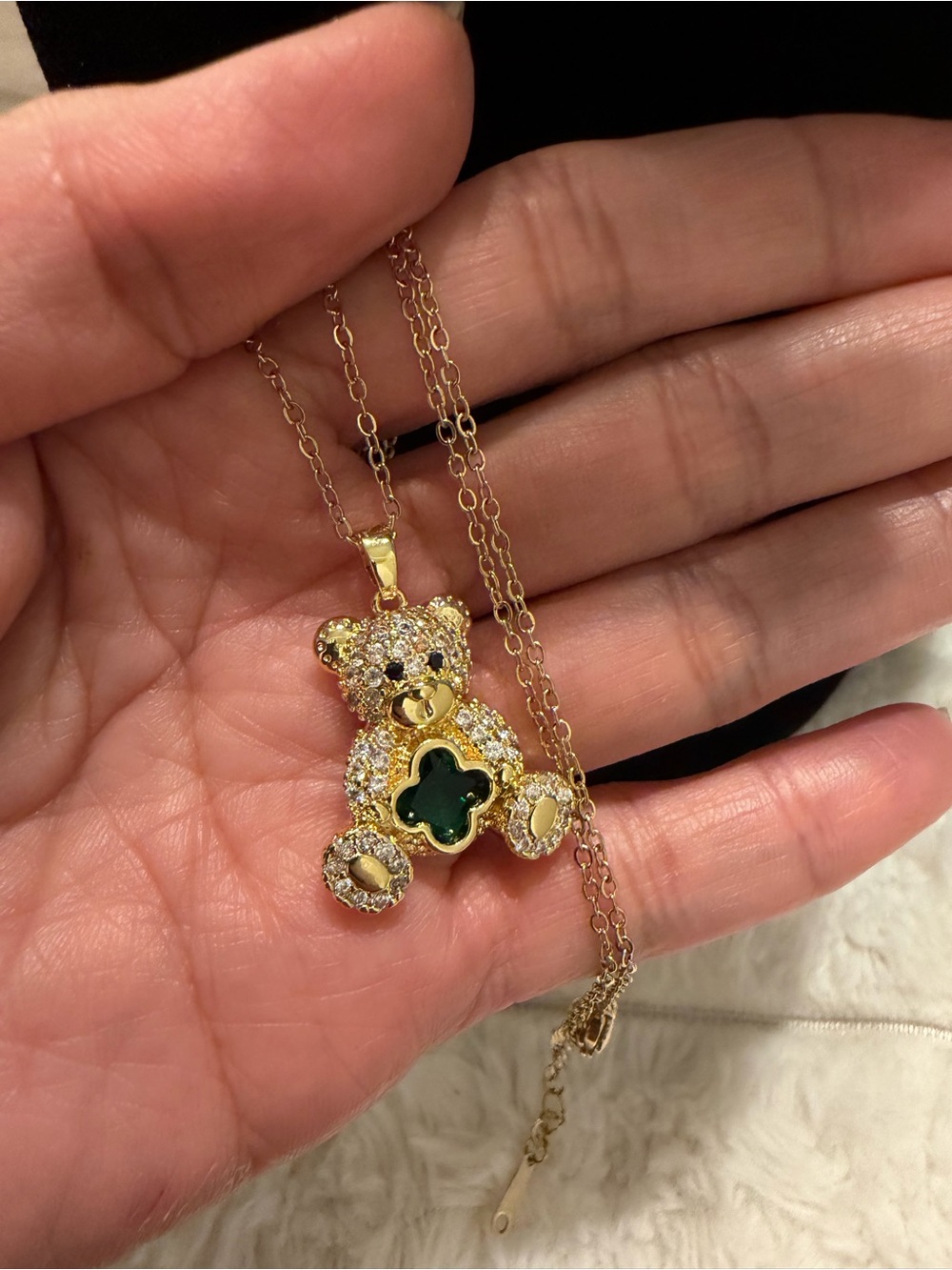 Gold Teddy Bear Pendant Necklace with Green Accent - Women Jewelry